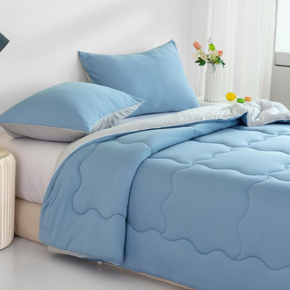 Reversible Ultra-Soft Comforter Set, Jersey Knit Milk Cup Breathable Fluffy Light Weight Bedding Down Alternative & Pillowcase