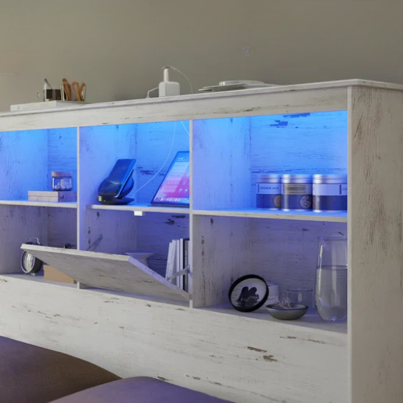 Innovative LED Bookcase Bed – Full/Double Size with Built-In Storage, Sleek Design, and LED Lighting for Modern Living