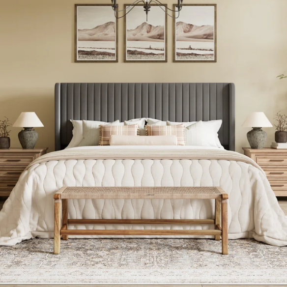 King Size Upholstered Platform Bed with Wingback Headboard – Simple, Elegant Design, Sturdy Wooden Slats, No Box Spring Needed for a Luxurious Sleep Experience