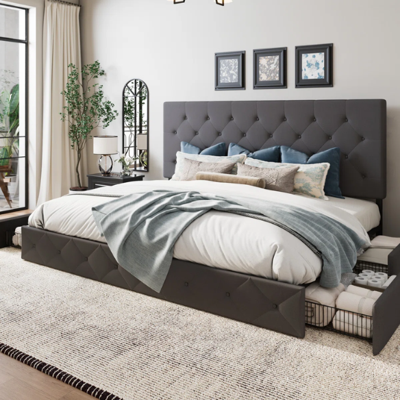 Queen Size Upholstered Platform Storage Bed with Tufted Button Accent Design
