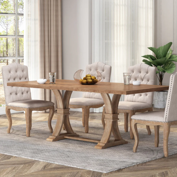 Rustic Wood Expandable Dining Table with X-Frame Base – Rubberwood Top, Extension Leaf, and Natural Rustic Design