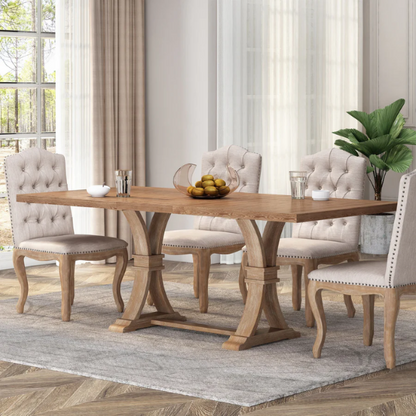 Rustic Wood Expandable Dining Table with X-Frame Base – Rubberwood Top, Extension Leaf, and Natural Rustic Design