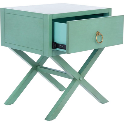 1-Drawer Nightstand – Classic Campaign Style with Contemporary Chic, Acacia Wood Frame, Cross-Base Design, Bold Finish, Gold Drawer Pull, Perfect for Modern Bedrooms