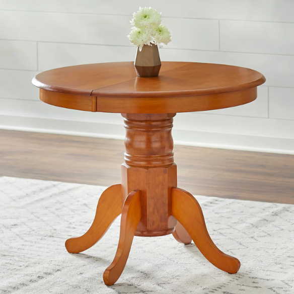 Farmhouse Solid Rubberwood Dining Table with 22-Inch Extension Leaf – Pedestal Base, Seats 6, Available in Oak, Matte Black, White/Natural, Grey/Walnut Finishes