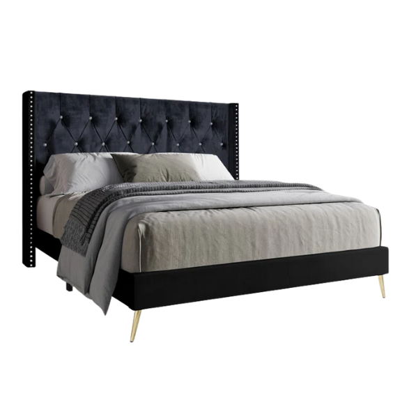 Luxurious King Size Upholstered Wingback Bed with Velvet Upholstery – Elegant Diamond Tufting, Nailhead Trim, Gold-Finished Feet, and Foam-Padded Headboard for Ultimate Comfort and Style