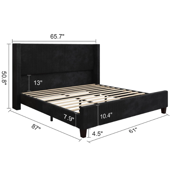 Queen Size Upholstered Bed with Soft Corduroy Fabric and Solid Wood Legs – Stylish and Comfortable Design