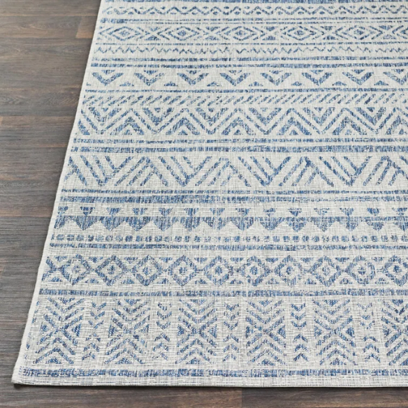 Striped Geometric Area Rug – Blue & Taupe, Durable Polypropylene, Low-Pile Design for High-Traffic Indoor/Outdoor Spaces
