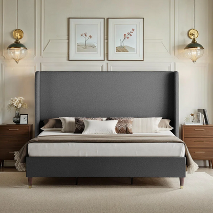 Queen Size Sleek and Minimalist Upholstered Platform Bed with Soft Linen Fabric – Elegant and Modern Design