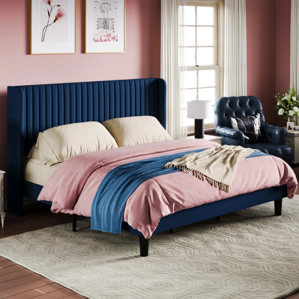 Luxurious King Size Upholstered Velvet Platform Bed with Modern Wingback Headboard – Heavy-Duty Steel Frame, No Box Spring Needed, and Ample Under-Bed Storage
