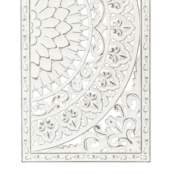 Boho Floral Wall Décor Set (Set of 2) – Hand-Carved Flower Medallion Panels with Modern Farmhouse Iron Bar Accent