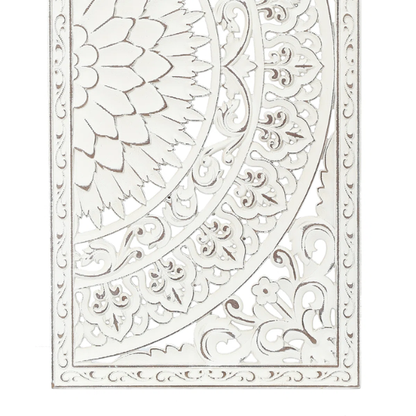 Boho Floral Wall Décor Set (Set of 2) – Hand-Carved Flower Medallion Panels with Modern Farmhouse Iron Bar Accent