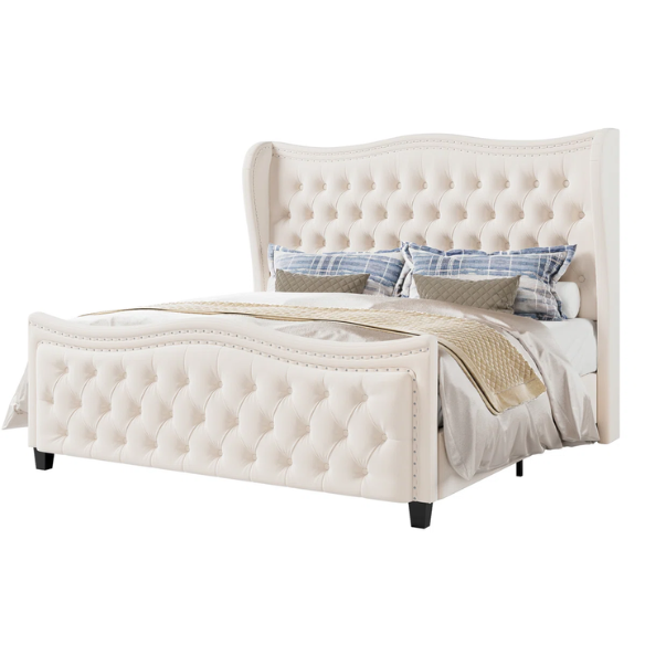 Gem-Tufted Queen Size Upholstered Wingback Bed with Curved Design