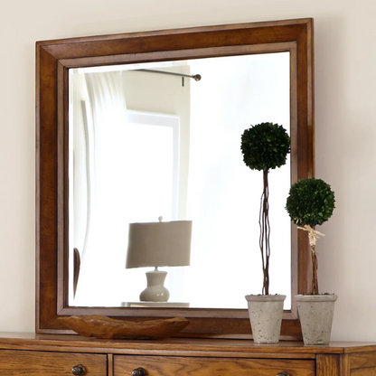 Rustic American Elegance:   Sleigh Bed, Dresser & Mirror, Chest – Crafted with Rubberwood Solids & Oak Veneers, Featuring Antique Brass Hardware, Dovetail Construction, and Ample Storage for a Timeless, Durable Bedroom Collection