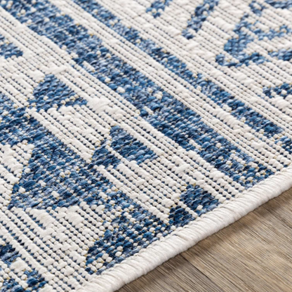 Striped Geometric Area Rug – Blue & Cream White, Durable Polypropylene, Low-Pile Design for High-Traffic Indoor/Outdoor Spaces