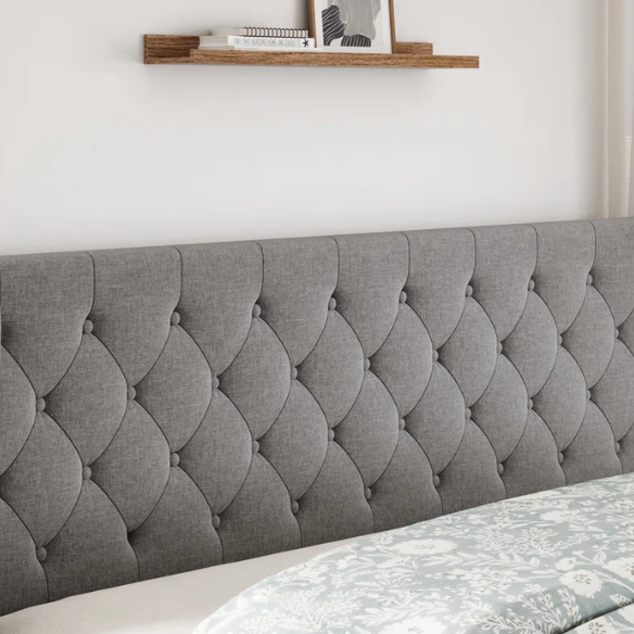 Luxurious King Size Upholstered Wingback Platform Bed with Button-Tufted Linen Fabric – Sturdy Wood Frame, High-Density Foam, and Ample Under-Bed Storage for a Stylish, Safe, and Comfortable Bedroom
