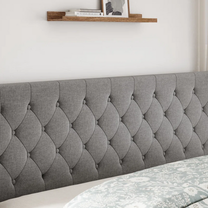 Luxurious King Size Upholstered Wingback Platform Bed with Button-Tufted Linen Fabric – Sturdy Wood Frame, High-Density Foam, and Ample Under-Bed Storage for a Stylish, Safe, and Comfortable Bedroom