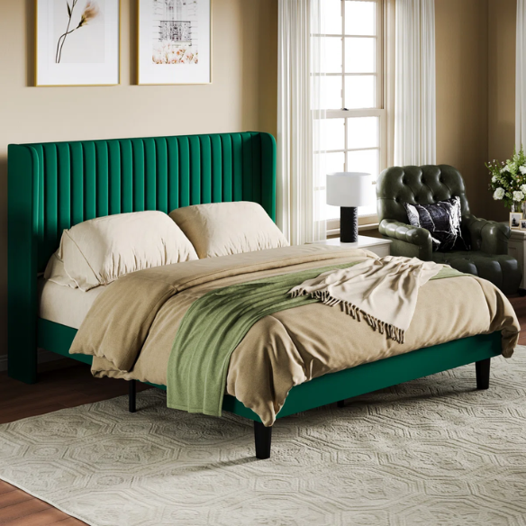 Luxurious King Size Upholstered Velvet Platform Bed with Modern Wingback Headboard – Heavy-Duty Steel Frame, No Box Spring Needed, and Ample Under-Bed Storage