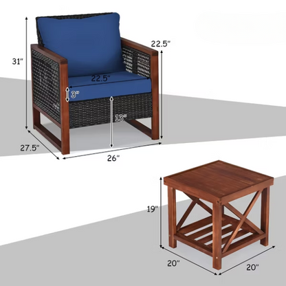 3-Piece Patio Wicker Furniture Set | Rattan Outdoor Sofa with Washable Cushions and Acacia Wood Coffee Table | Perfect for Garden and Backyard