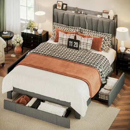 Upholstered Full/Double Bed Frame with 3 Drawers, Storage Headboard & Built-In Charging Station – Stylish & Functional Design