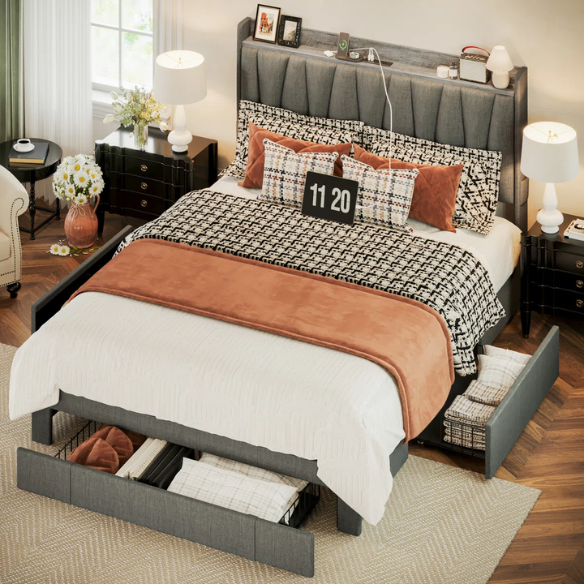 Upholstered Full/Double Bed Frame with 3 Drawers, Storage Headboard & Built-In Charging Station – Stylish & Functional Design