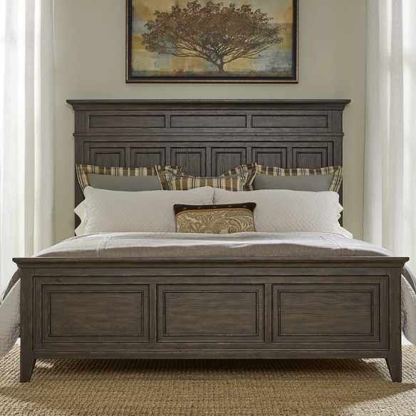 Timeless Queen Bedroom Set with Saddle Brown Panel Bed, Dresser, Mirror, and Antique Pewter Hardware