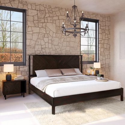 Solid Wood Platform King Size Bed with Headboard – Rustic Wood Frame with Steel Reinforcement for Ultimate Stability and Comfort