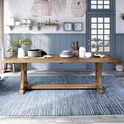 Rustic Pine Solid Wood Dining Table – Farmhouse-Style with Trestle Base, C-Shaped Legs & Planked Top