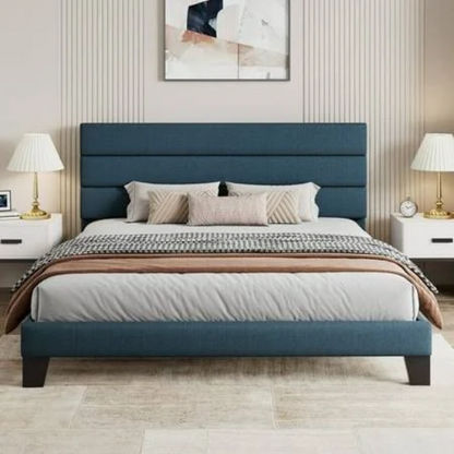 King Size Upholstered Platform Bed with Steel Frame, Foam Padding, and Durable Slat Support