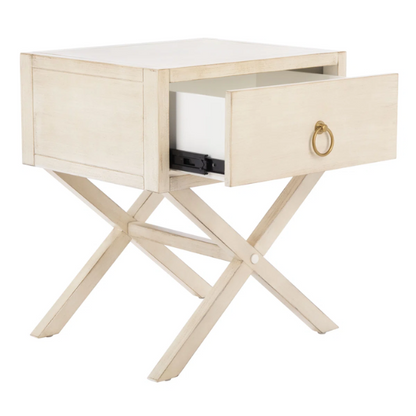 1-Drawer Nightstand – Classic Campaign Style with Contemporary Chic, Acacia Wood Frame, Cross-Base Design, Bold Finish, Gold Drawer Pull, Perfect for Modern Bedrooms