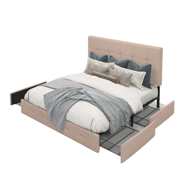 Button Tufted Upholstered Platform Storage Bed – Full Double Size with Spacious Drawers