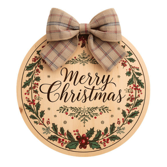 Round Wooden Christmas Wall Sign with Plaid Bow and Holly Wreath