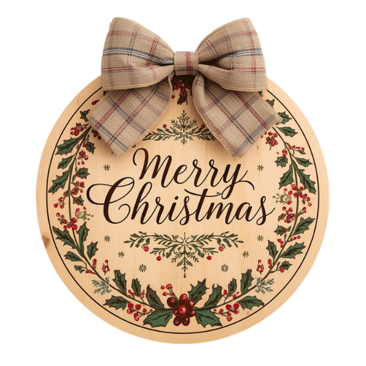 Round Wooden Christmas Wall Sign with Plaid Bow and Holly Wreath