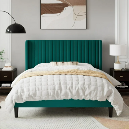 King Size Upholstered Platform Bed with Wingback Headboard – Simple, Elegant Design, Sturdy Wooden Slats, No Box Spring Needed for a Luxurious Sleep Experience