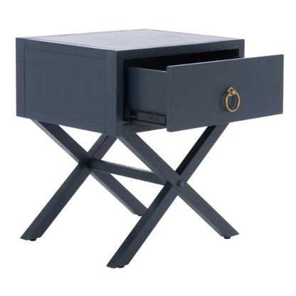 1-Drawer Nightstand – Classic Campaign Style with Contemporary Chic, Acacia Wood Frame, Cross-Base Design, Bold Finish, Gold Drawer Pull, Perfect for Modern Bedrooms