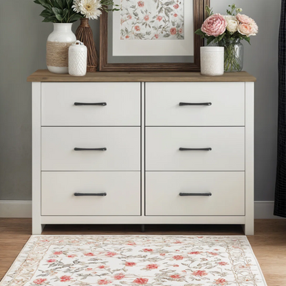 Modern 6-Drawer Double Dresser with Flared Feet and Sleek Black Metal Handles