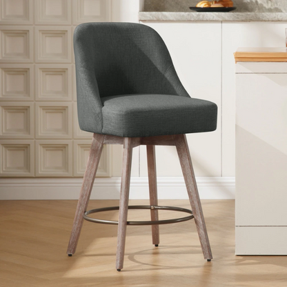 Modern Counter Height Swivel Bar Stool – Upholstered Faux Leather/Polyester Blend Seat, Solid Beech Wood Frame, Ergonomic High Back, Bronze Metal Footrest, 300lb Capacity for Kitchen, Bar, or Pub