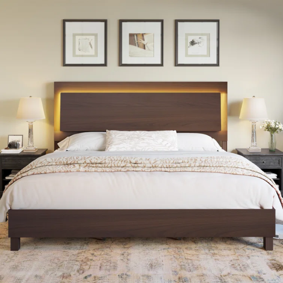 Modern King Size Wood Bed Frame with LED-Integrated Headboard & Adjustable Features for Ultimate Comfort
