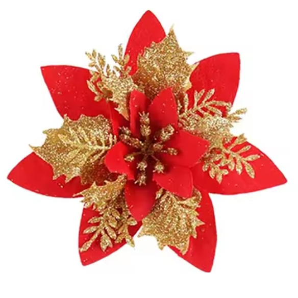 Gold & Red Glitter Poinsettia Christmas Flowers – Elegant Artificial Holiday Décor (5 Pieces)