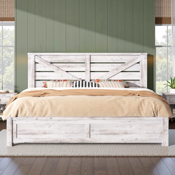 Farmhouse Classic Bed Frame with 49.2" Barn Door-Inspired Headboard, Ample Under-Bed Storage, Sturdy Metal Frame, and Silent Cotton Padding for Peaceful Sleep