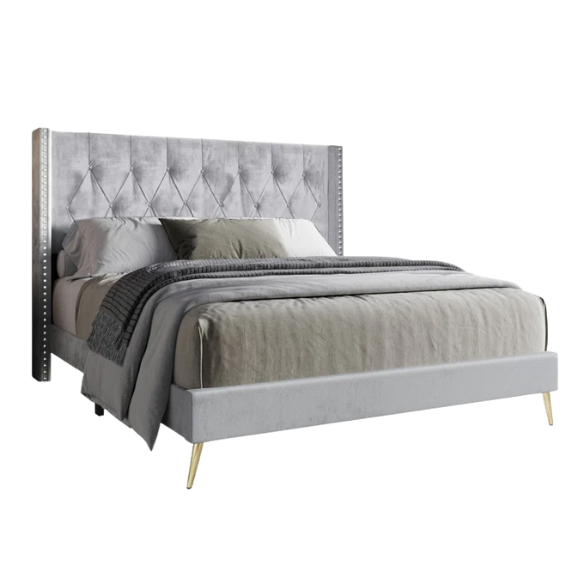 Luxurious King Size Upholstered Wingback Bed with Velvet Upholstery – Elegant Diamond Tufting, Nailhead Trim, Gold-Finished Feet, and Foam-Padded Headboard for Ultimate Comfort and Style