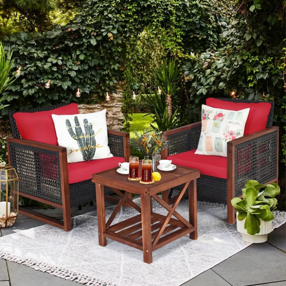 3-Piece Patio Wicker Furniture Set | Rattan Outdoor Sofa with Washable Cushions and Acacia Wood Coffee Table | Perfect for Garden and Backyard