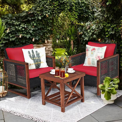 3-Piece Patio Wicker Furniture Set | Rattan Outdoor Sofa with Washable Cushions and Acacia Wood Coffee Table | Perfect for Garden and Backyard