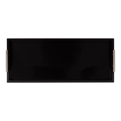 Sleek and Sophisticated Long Rectangular Serving Tray – High Gloss Wood with Polished Metal Handles, Perfect for Entryway, Vanity, or Coffee Table