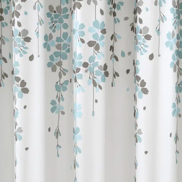 Blue and Grey Weeping Flower Shower Curtain – Floral Nature-Inspired Bath Décor, 72" x 72"
