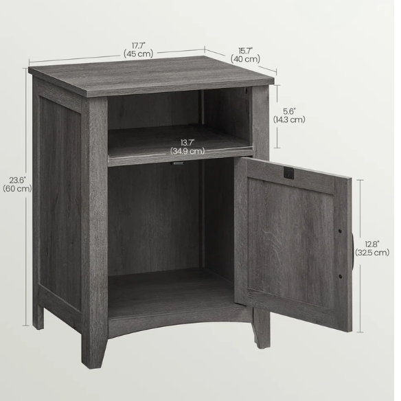 Farmhouse Nightstand with Cabinet & Open Compartment – Rustic Bedside Table, Distressed Finish, Barn Door Style, Matte Black Metal Handles, Flared Legs, Versatile Storage for Bedroom or Living Room
