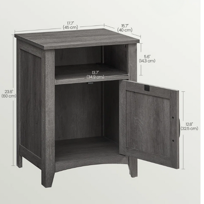 Farmhouse Nightstand with Cabinet & Open Compartment – Rustic Bedside Table, Distressed Finish, Barn Door Style, Matte Black Metal Handles, Flared Legs, Versatile Storage for Bedroom or Living Room