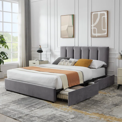 Velvet Upholstered Queen Size Platform Bed with Adjustable Headboard and 4 Storage Drawers