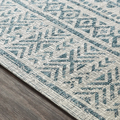 Striped Geometric Area Rug – Aqua & Taupe, Durable Polypropylene, Low-Pile Design for High-Traffic Indoor/Outdoor Spaces