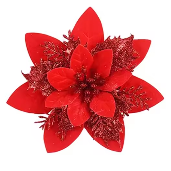 Red Glitter Poinsettia Christmas Flowers – Elegant Artificial Holiday Décor (5 Pieces)