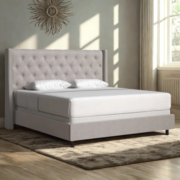 Chic Upholstered Wingback King Size Bed with Button Tufting and Nailhead Trim